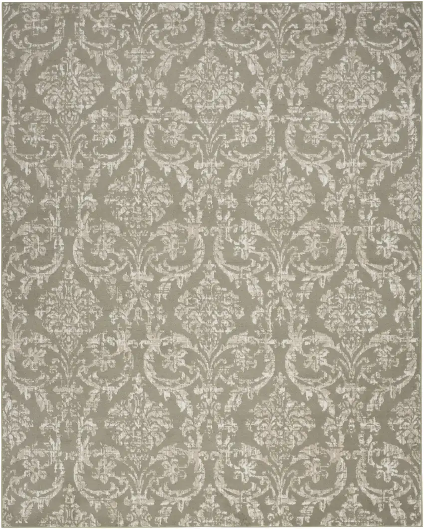 Olive Green and Ivory Damask Distressed Non Skid Area Rug Photo 2