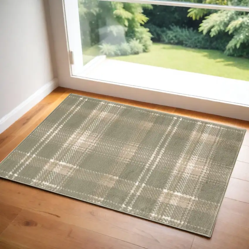 Olive Green and Ivory Plaid Area Rug Photo 2