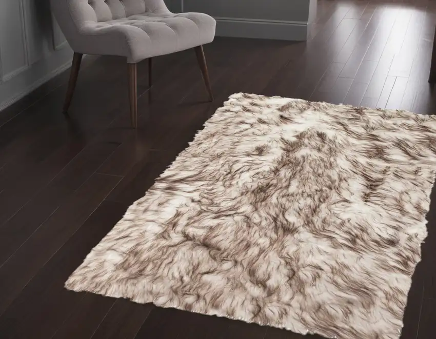 Brown and White Faux Sheepskin Ombre Machine Tufted Non Skid Area Rug Photo 1