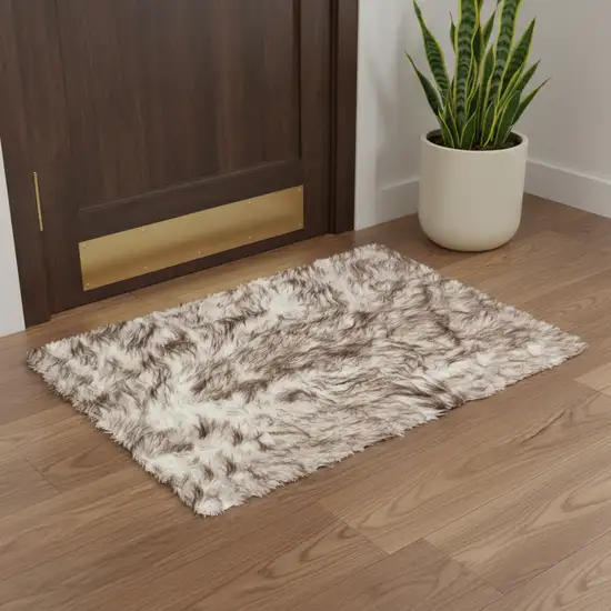 Brown and White Faux Sheepskin Ombre Machine Tufted Non Skid Area Rug Photo 1