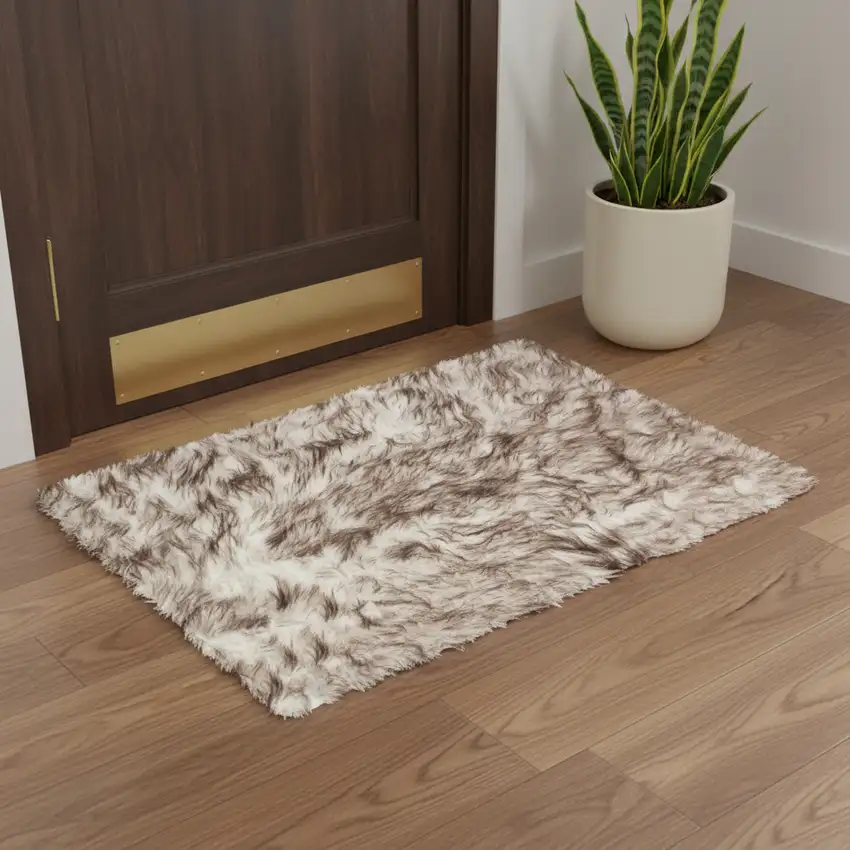 Brown and White Faux Sheepskin Ombre Machine Tufted Non Skid Area Rug Photo 1