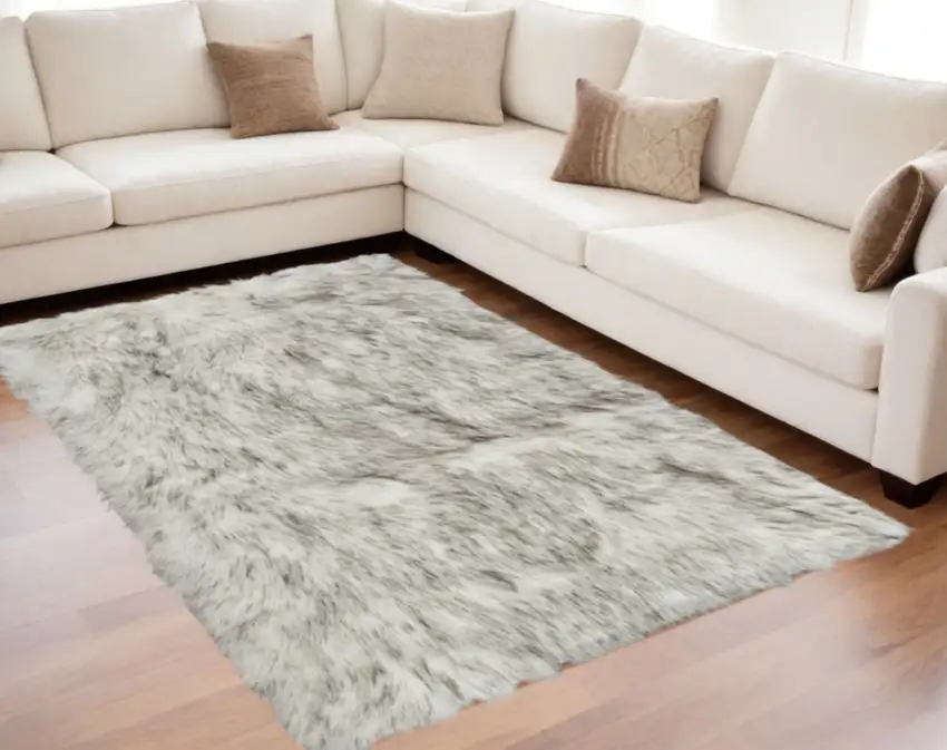 Gray Faux Fur Ombre Flokati Washable Area Rug Photo 2