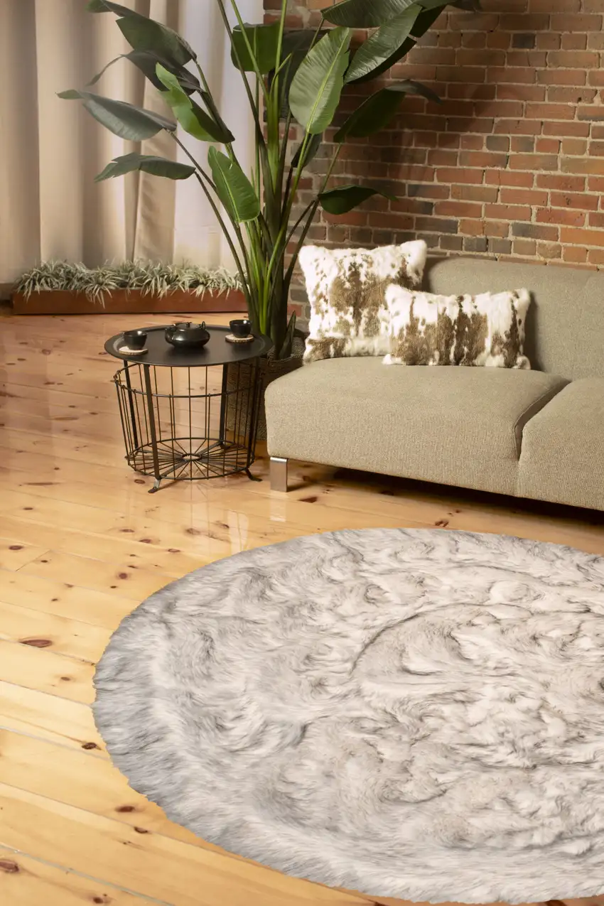 Ombre Grey Round Faux Fur Washable Non Skid Area Rug Photo 3