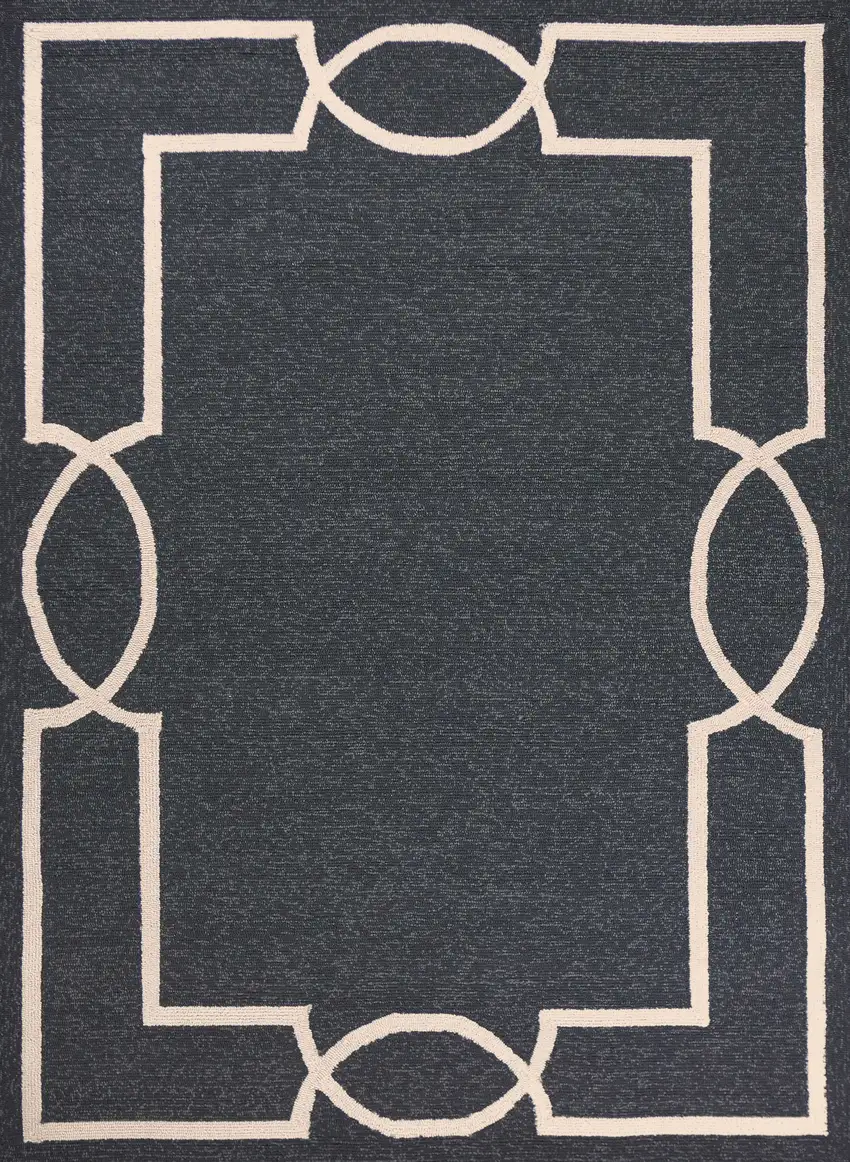 Onyx Black Hand Hooked UV Treated Bordered Indoor Outdoor Accent Rug Photo 1