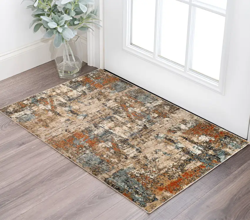 Tan Orange and Gray Abstract Power Loom Area Rug Photo 1
