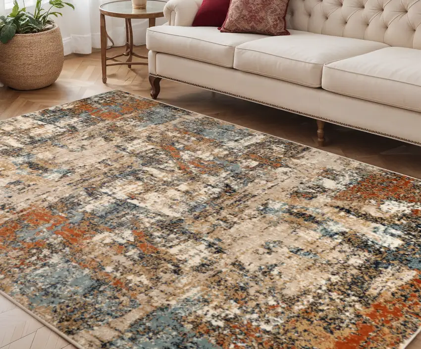 Tan Orange and Gray Abstract Power Loom Area Rug Photo 1