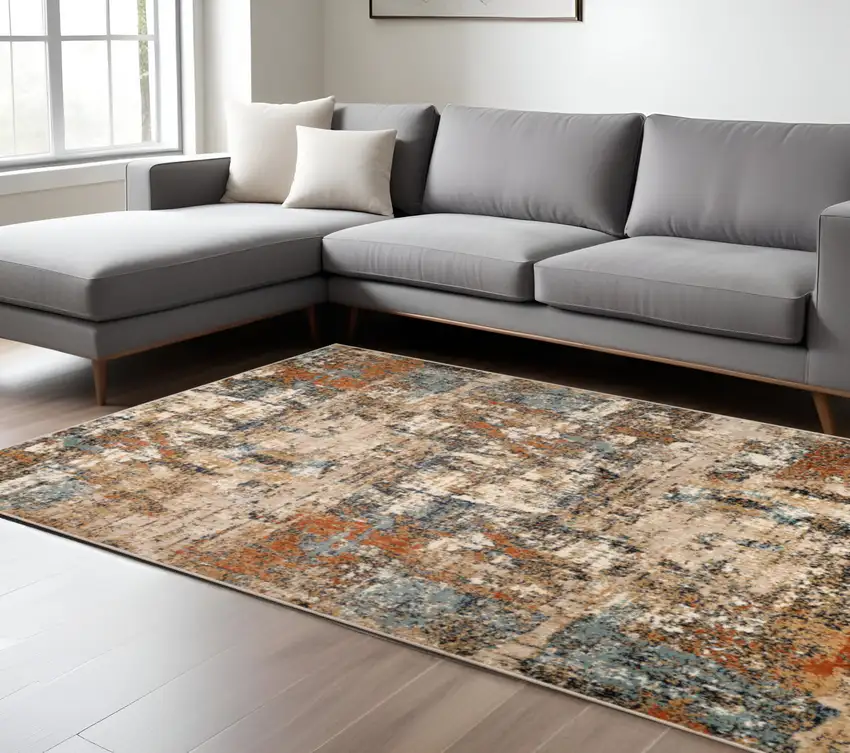Tan Orange and Gray Abstract Power Loom Area Rug Photo 1