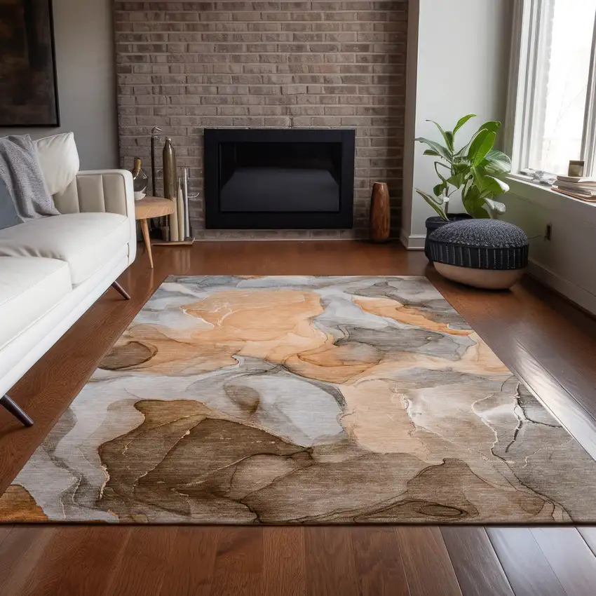 Orange Abstract Washable Non Skid Indoor Outdoor Area Rug Photo 9