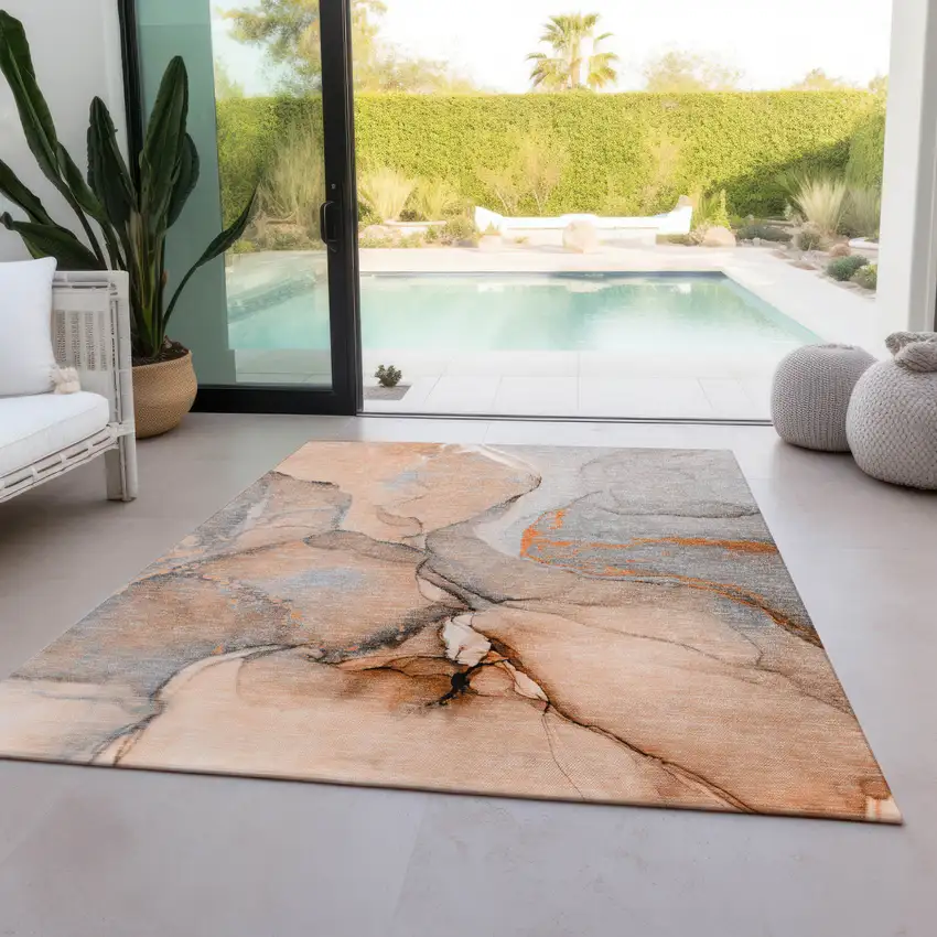 Orange Abstract Washable Indoor Outdoor Area Rug Photo 9