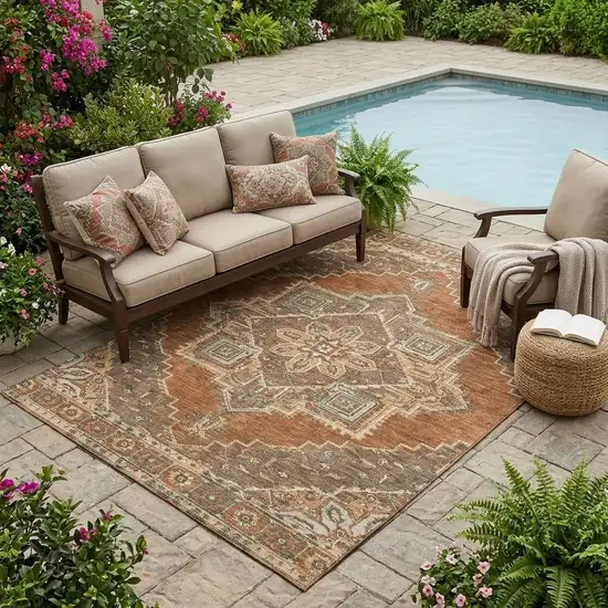 Orange And Aqua Oriental Washable Indoor Outdoor Area Rug Photo 1