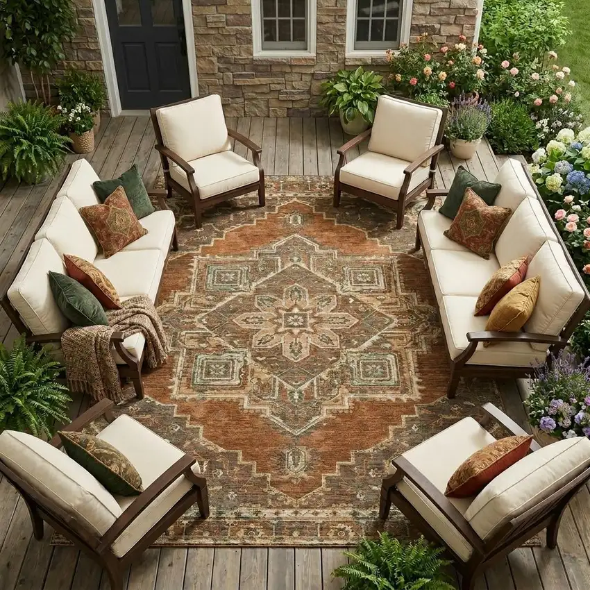 Orange And Aqua Oriental Washable Indoor Outdoor Area Rug Photo 1