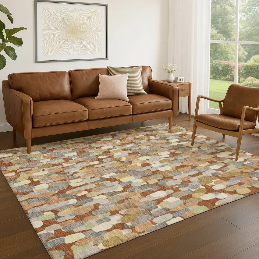 Orange And Beige Abstract Washable Indoor Outdoor Area Rug Photo 5