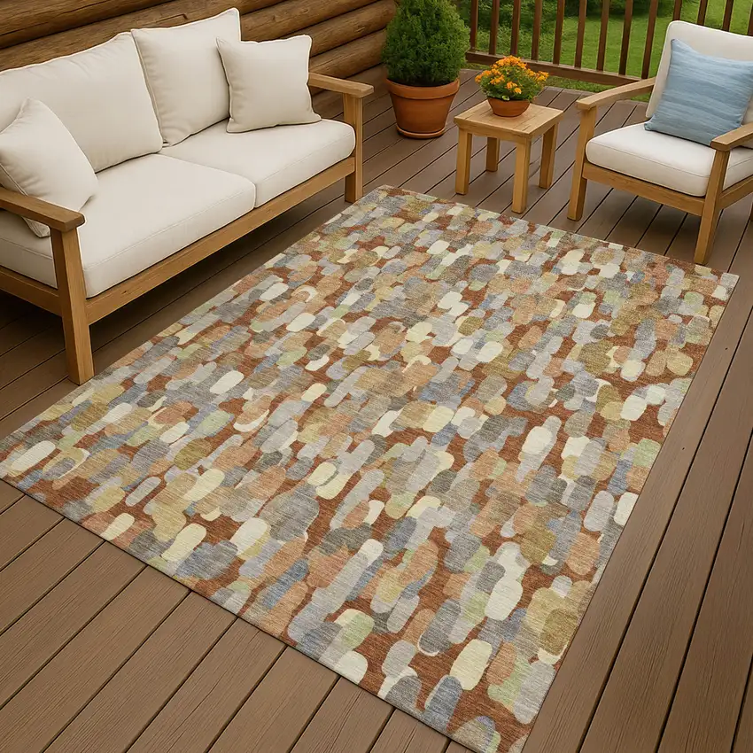 Orange And Beige Abstract Washable Indoor Outdoor Area Rug Photo 4