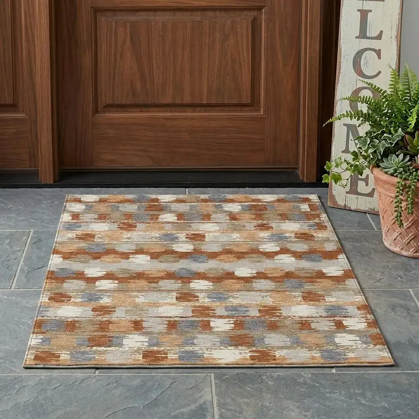 Orange And Beige Abstract Washable Indoor Outdoor Area Rug Photo 1