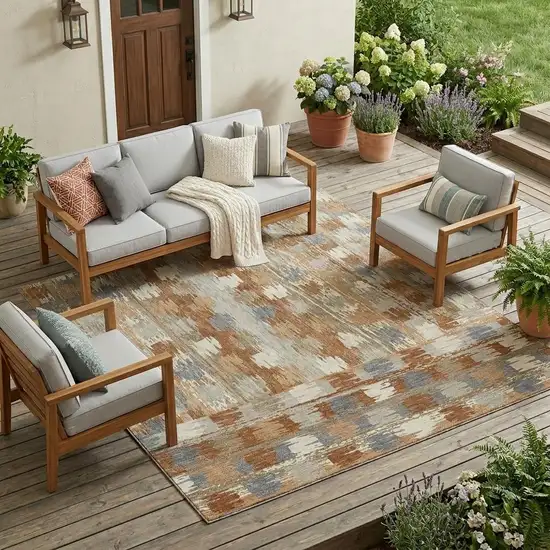Orange And Beige Abstract Washable Indoor Outdoor Area Rug Photo 1