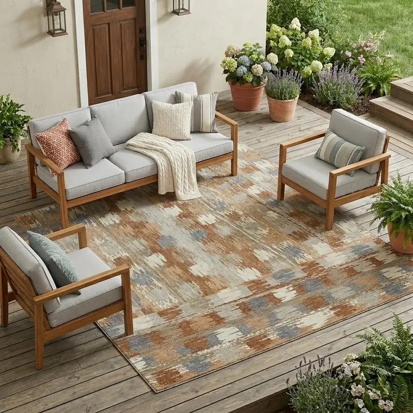 Orange And Beige Abstract Washable Indoor Outdoor Area Rug Photo 1