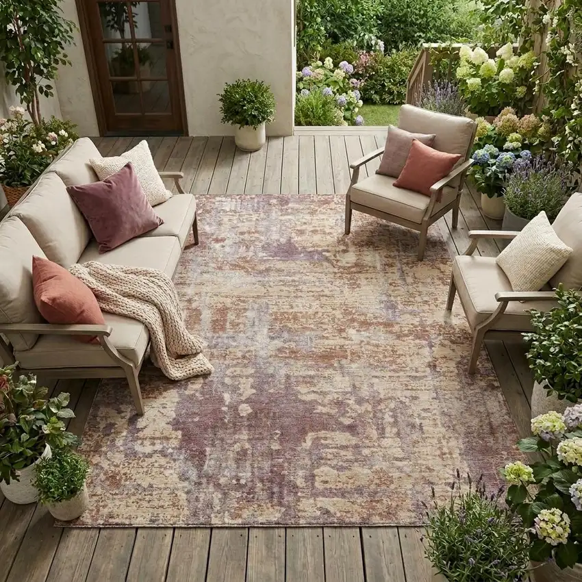 Orange And Beige Abstract Washable Indoor Outdoor Area Rug Photo 1