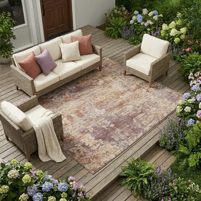 Orange And Beige Abstract Washable Indoor Outdoor Area Rug Photo 1