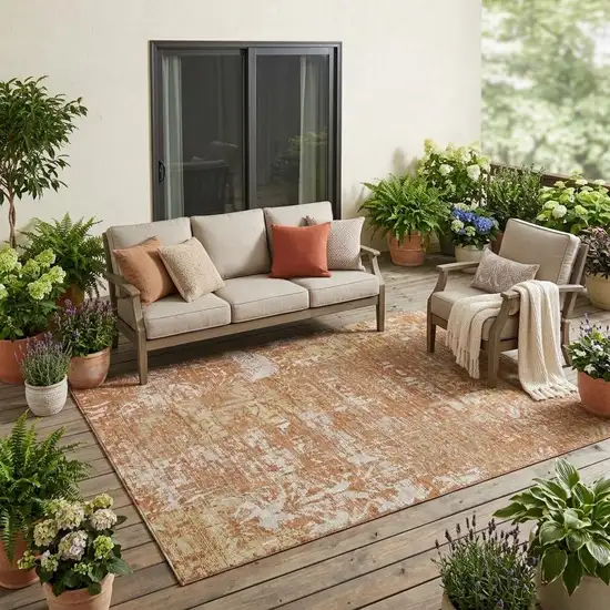 Orange And Beige Abstract Washable Indoor Outdoor Area Rug Photo 1