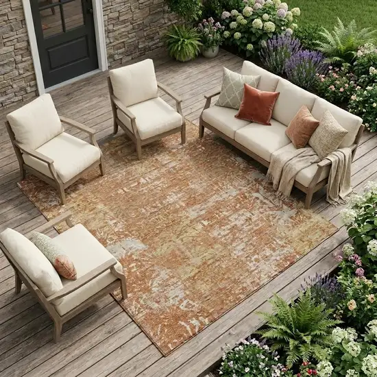 Orange And Beige Abstract Washable Indoor Outdoor Area Rug Photo 1