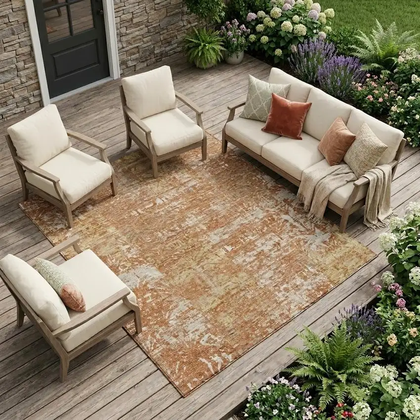 Orange And Beige Abstract Washable Indoor Outdoor Area Rug Photo 1