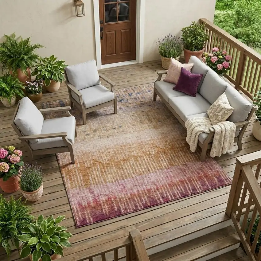 Orange And Beige Abstract Washable Indoor Outdoor Area Rug Photo 1