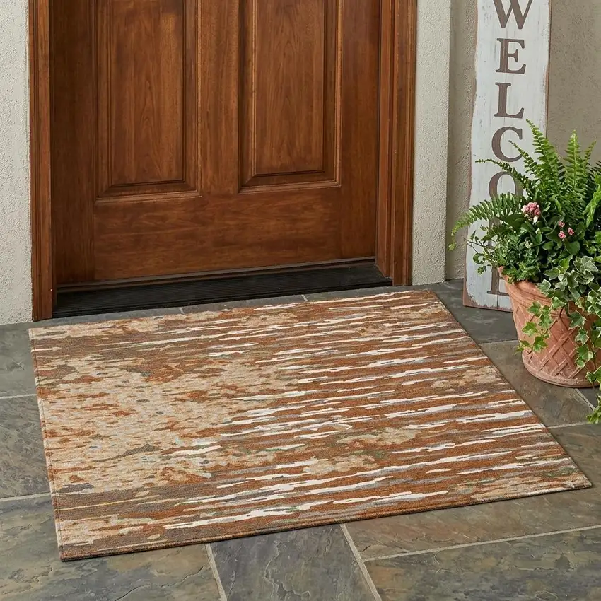 Orange And Beige Abstract Washable Indoor Outdoor Area Rug Photo 1
