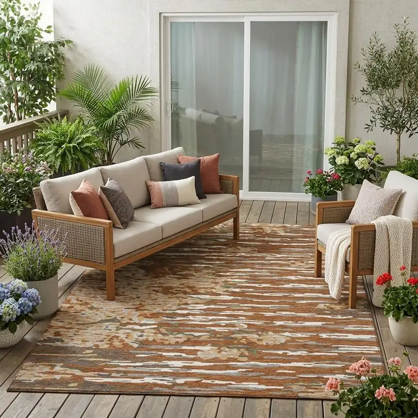 Orange And Beige Abstract Washable Indoor Outdoor Area Rug Photo 1