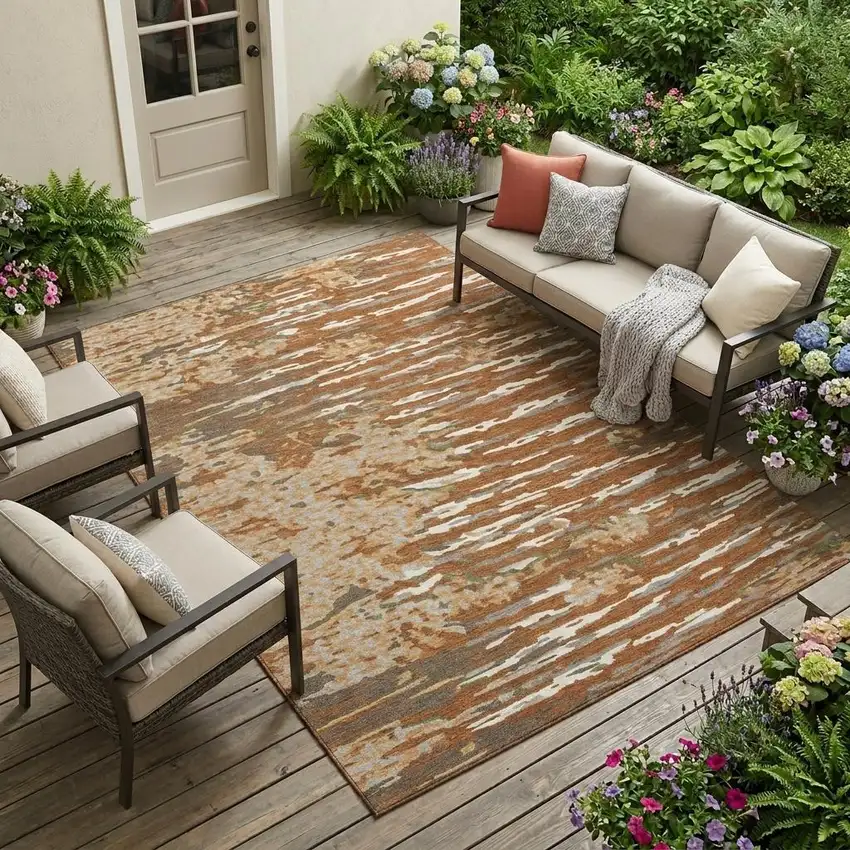 Orange And Beige Abstract Washable Indoor Outdoor Area Rug Photo 1