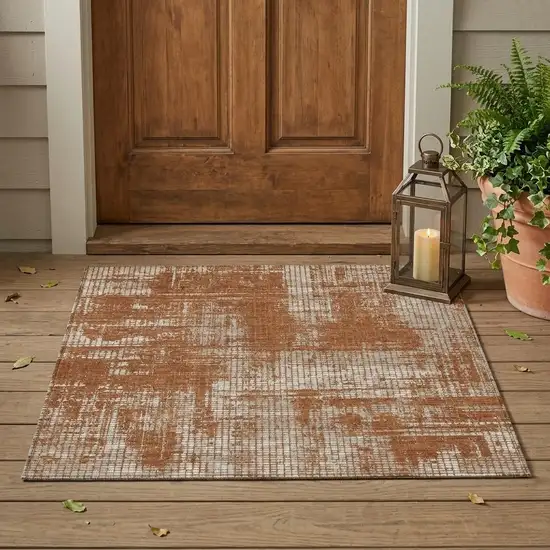Orange And Beige Abstract Washable Indoor Outdoor Area Rug Photo 1