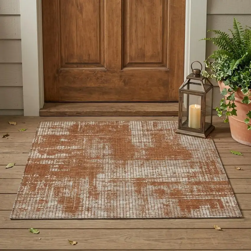 Orange And Beige Abstract Washable Indoor Outdoor Area Rug Photo 1