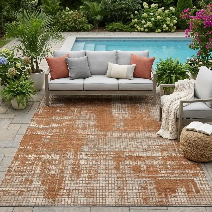 Orange And Beige Abstract Washable Indoor Outdoor Area Rug Photo 1
