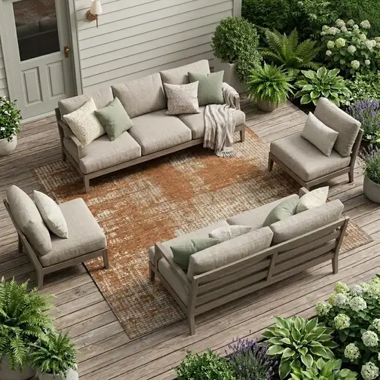 Orange And Beige Abstract Washable Indoor Outdoor Area Rug Photo 1