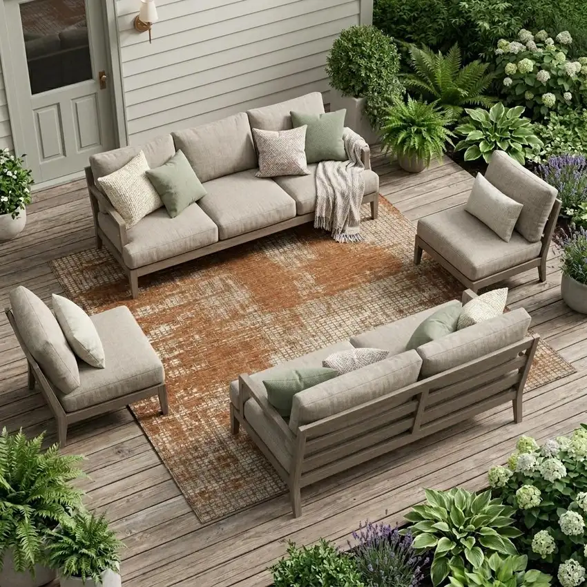 Orange And Beige Abstract Washable Indoor Outdoor Area Rug Photo 1