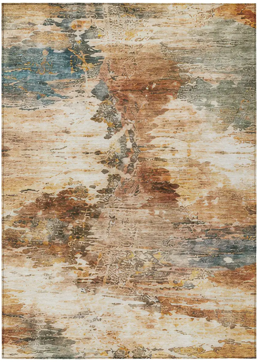 Orange And Beige Abstract Washable Indoor Outdoor Area Rug Photo 1