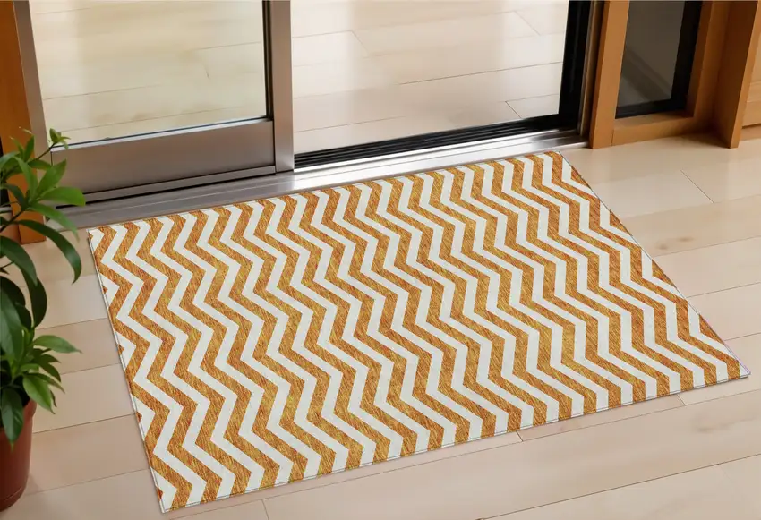 Orange And Beige Chevron Washable Indoor Outdoor Area Rug Photo 1