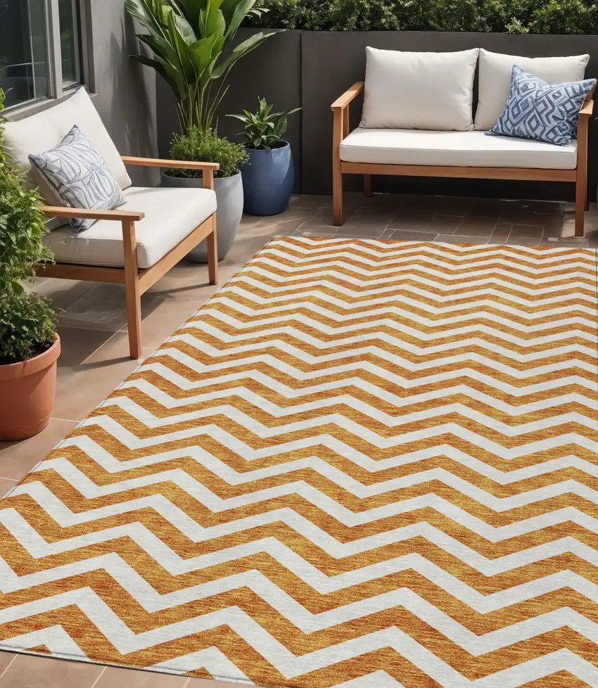 Orange And Beige Chevron Washable Indoor Outdoor Area Rug Photo 1