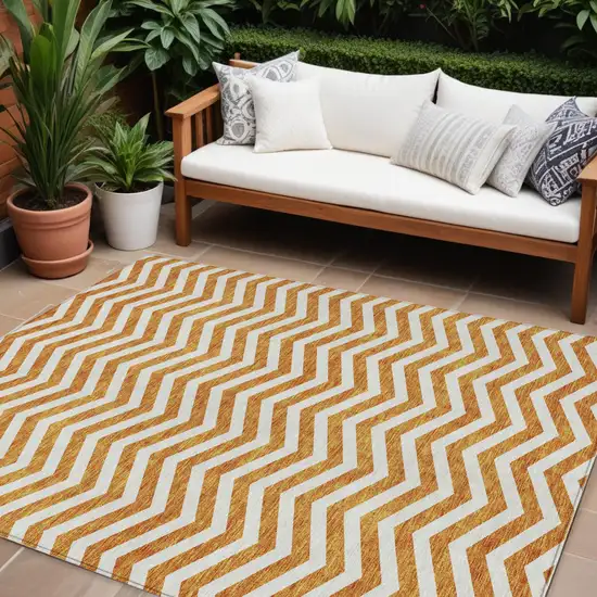 Orange And Beige Chevron Washable Indoor Outdoor Area Rug Photo 1