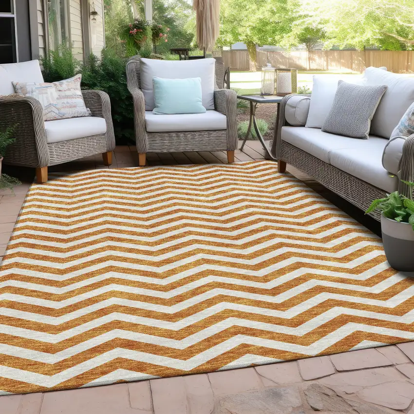 Orange And Beige Chevron Washable Indoor Outdoor Area Rug Photo 9