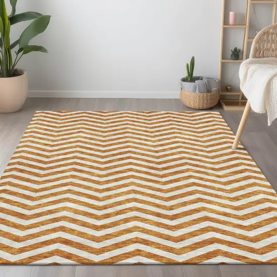Orange And Beige Chevron Washable Indoor Outdoor Area Rug Photo 9