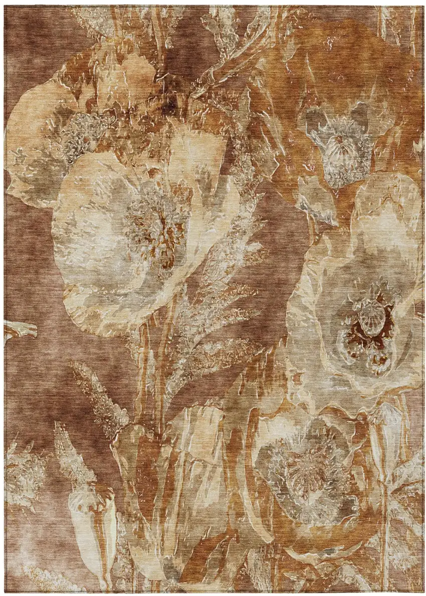 Orange And Beige Floral Washable Indoor Outdoor Area Rug Photo 2