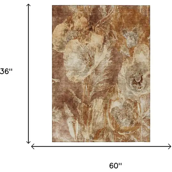 Orange And Beige Floral Washable Indoor Outdoor Area Rug Photo 5