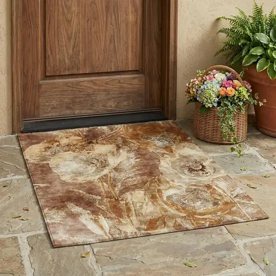 Orange And Beige Floral Washable Indoor Outdoor Area Rug Photo 1