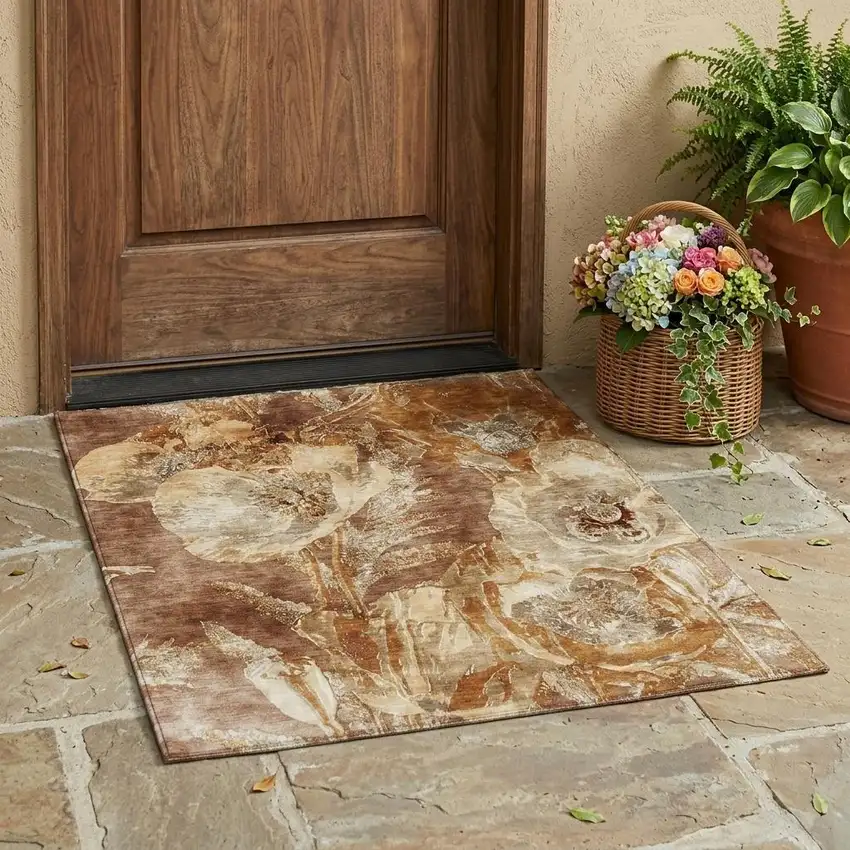 Orange And Beige Floral Washable Indoor Outdoor Area Rug Photo 1