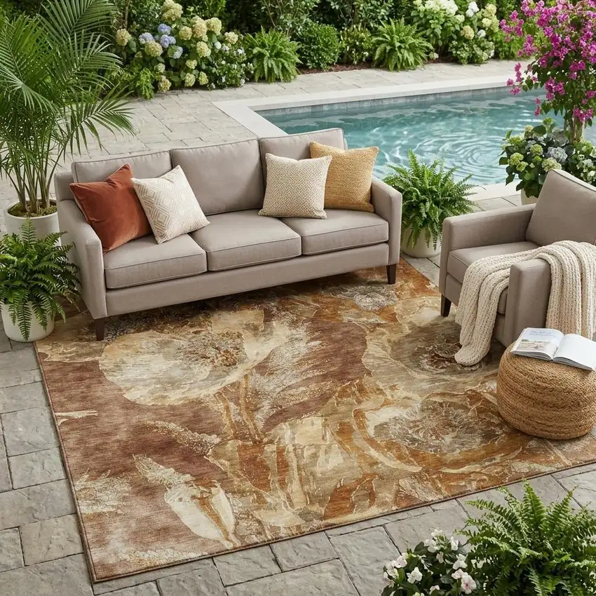 Orange And Beige Floral Washable Indoor Outdoor Area Rug Photo 1
