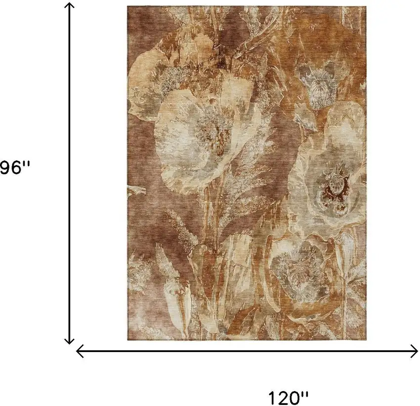 Orange And Beige Floral Washable Indoor Outdoor Area Rug Photo 5