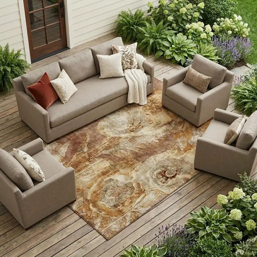 Orange And Beige Floral Washable Indoor Outdoor Area Rug Photo 1