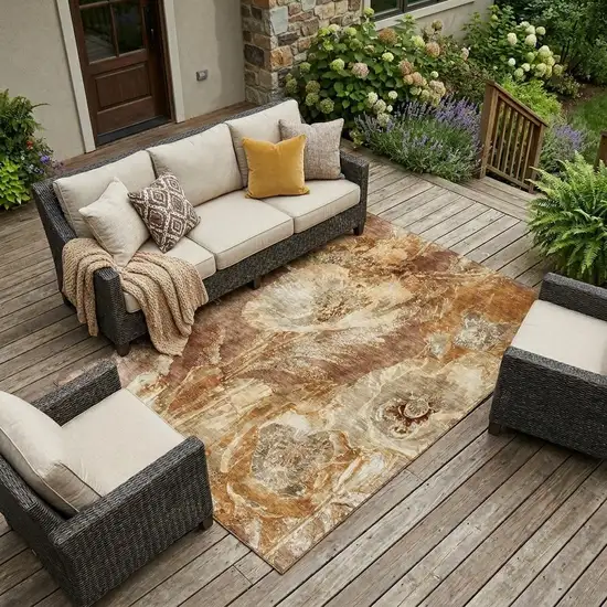 Orange And Beige Floral Washable Indoor Outdoor Area Rug Photo 1