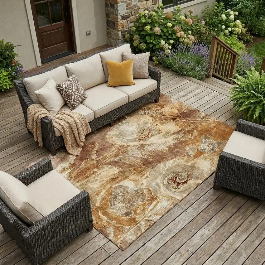 Orange And Beige Floral Washable Indoor Outdoor Area Rug Photo 1