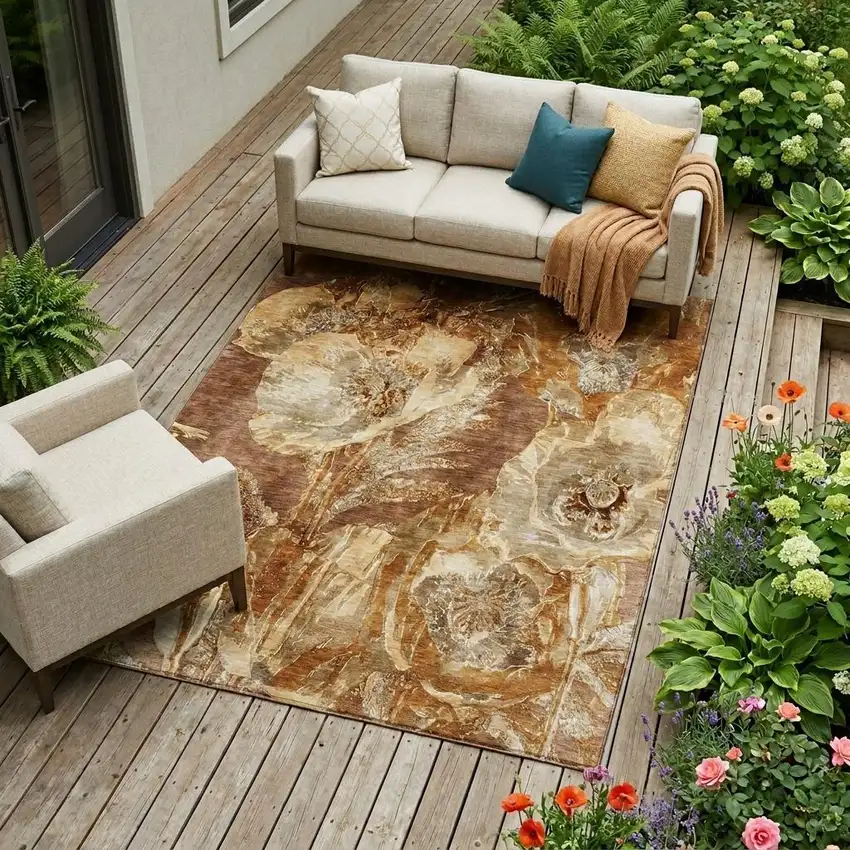 Orange And Beige Floral Washable Indoor Outdoor Area Rug Photo 1